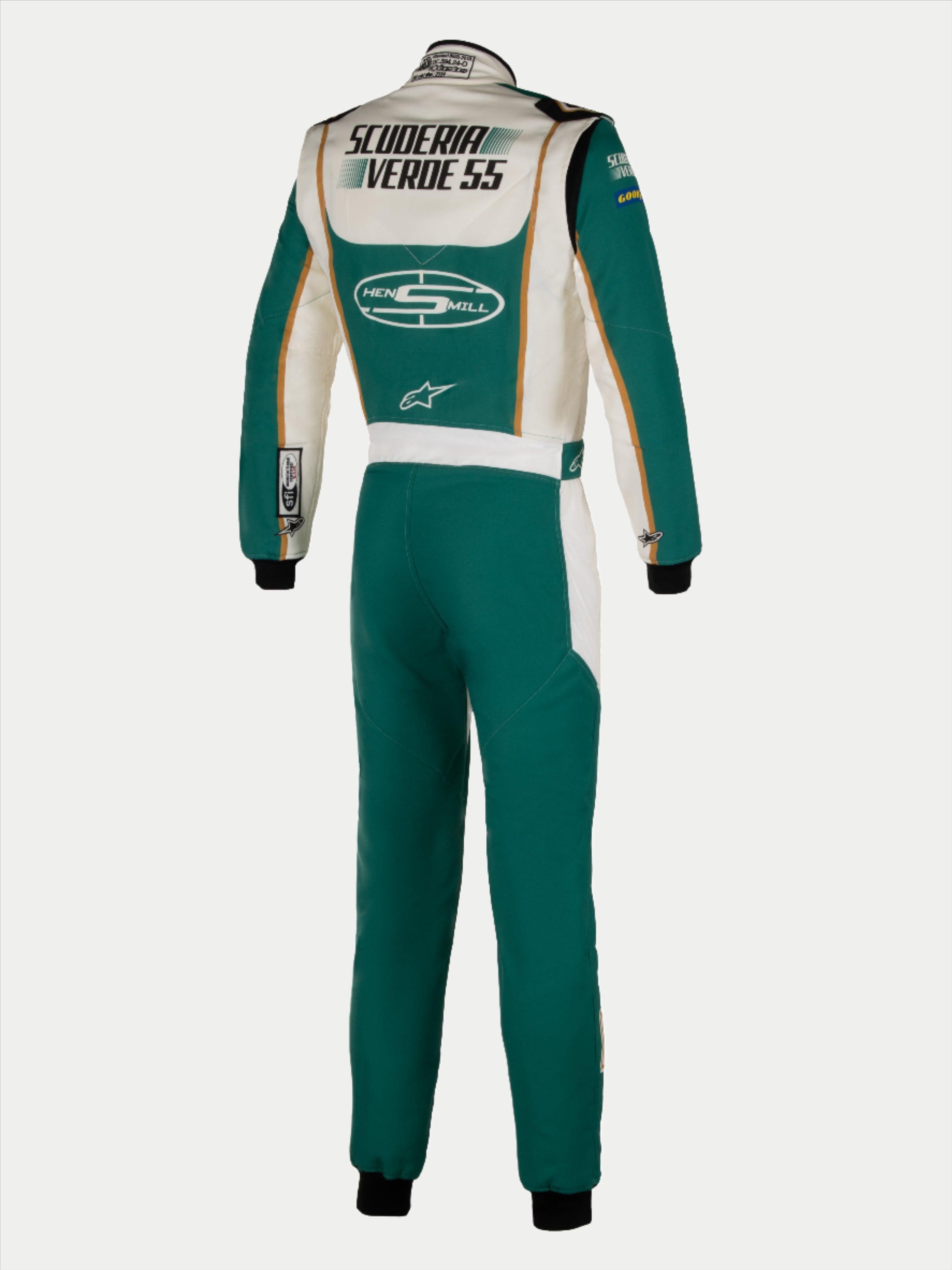 Alpinestars Tech Vision V3 Made To Measure Custom Suit, green and white with gold accents, FIA certified, rear view.