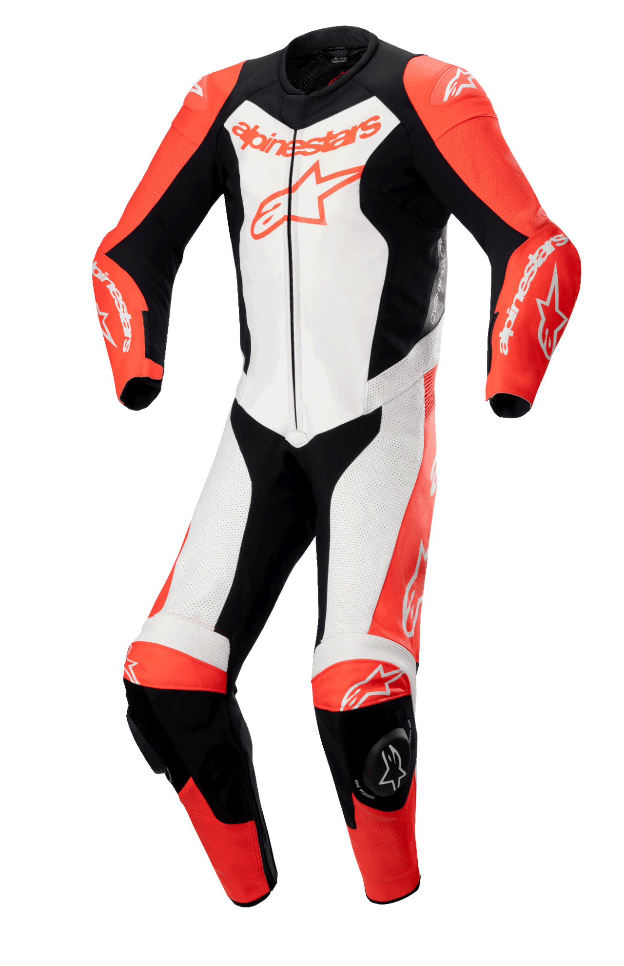Alpinestars GP Force Lurv 1-Piece Leather Suit, Professional Motorcycle Racing Suit, Red Fluo White and Black, featuring performance bovine leather construction with perforated panels, DFS Lite shoulder armor, knee sliders, and prominent Alpinestars branding.