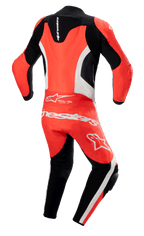 Alpinestars GP Force Lurv 1-Piece Leather Suit, Red Fluo White and Black, Rear view featuring an aerodynamic back hump, white perforated leather panels, and bold white Alpinestars branding across the lower back, professional motorcycle racing suit with accordion stretch panels.
