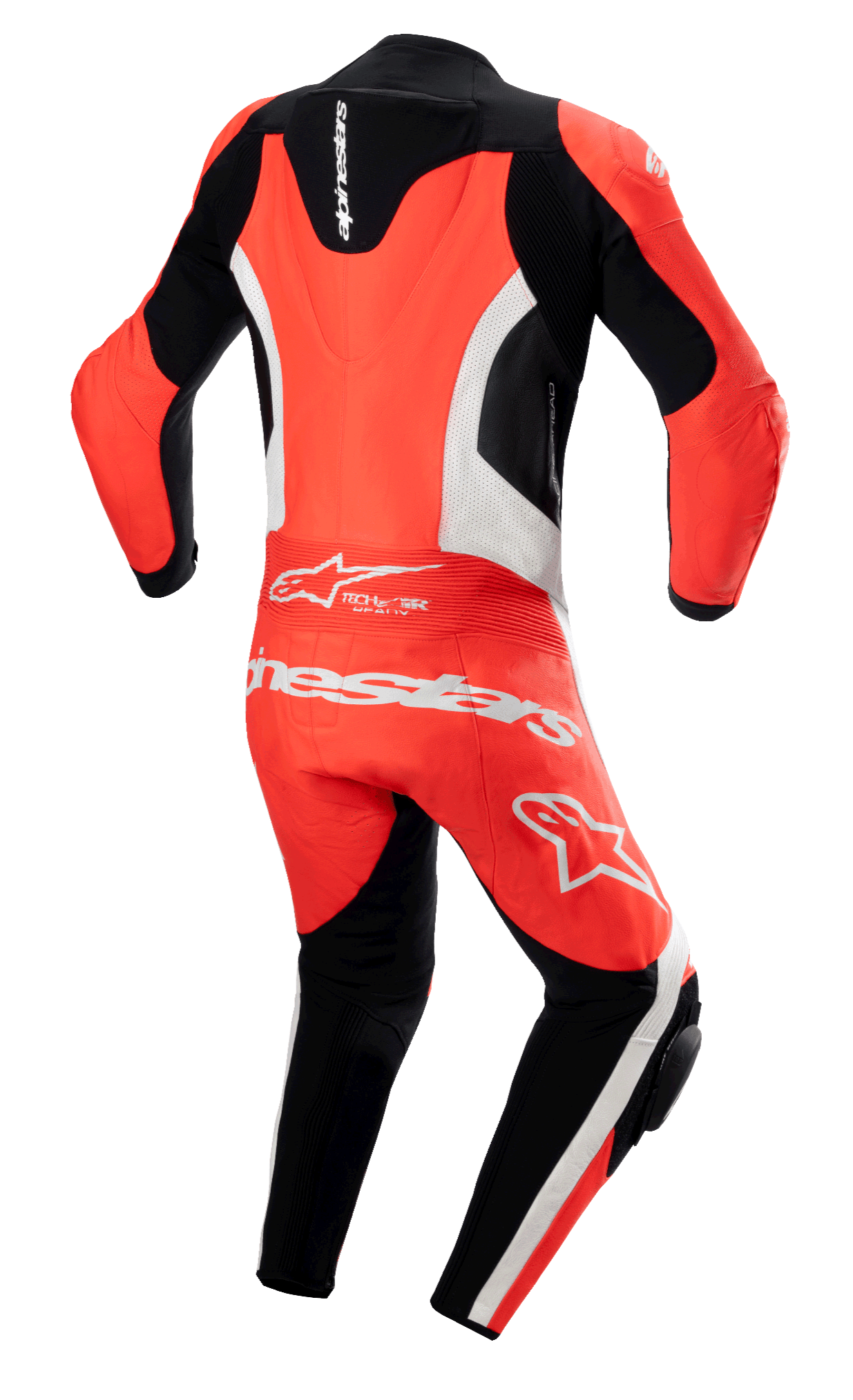 Alpinestars GP Force Lurv 1-Piece Leather Suit, Red Fluo White and Black, Rear view featuring an aerodynamic back hump, white perforated leather panels, and bold white Alpinestars branding across the lower back, professional motorcycle racing suit with accordion stretch panels.