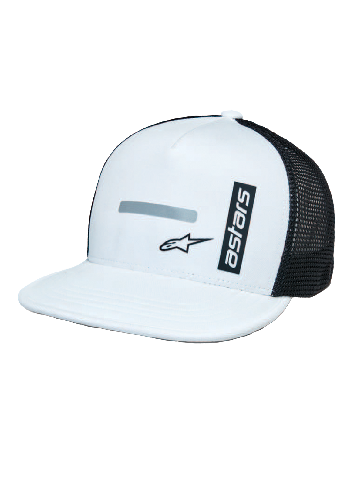 Alpinestars Alter Trucker Hat, White and Black, structured white crown and flat bill, black mesh back panels, vertical 'astars' branding and reflective logo print, casual motorsport-inspired headwear