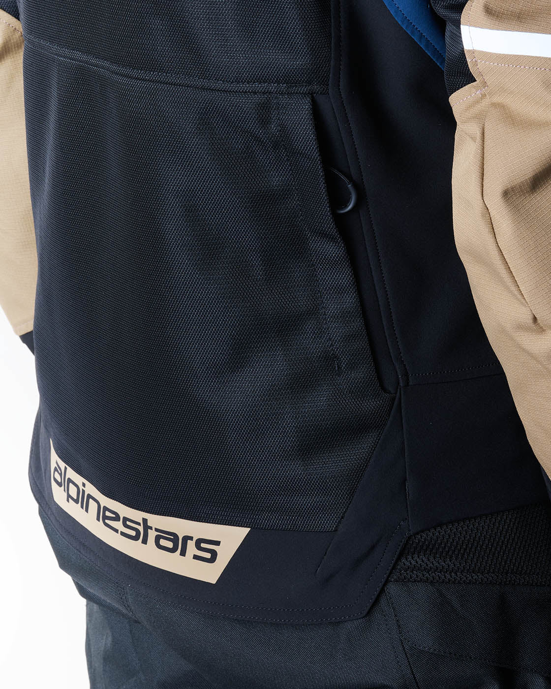 Alpinestars ST-2 Air Jacket with rear storage pocket, black and tan textile mesh for summer adventure touring rides.