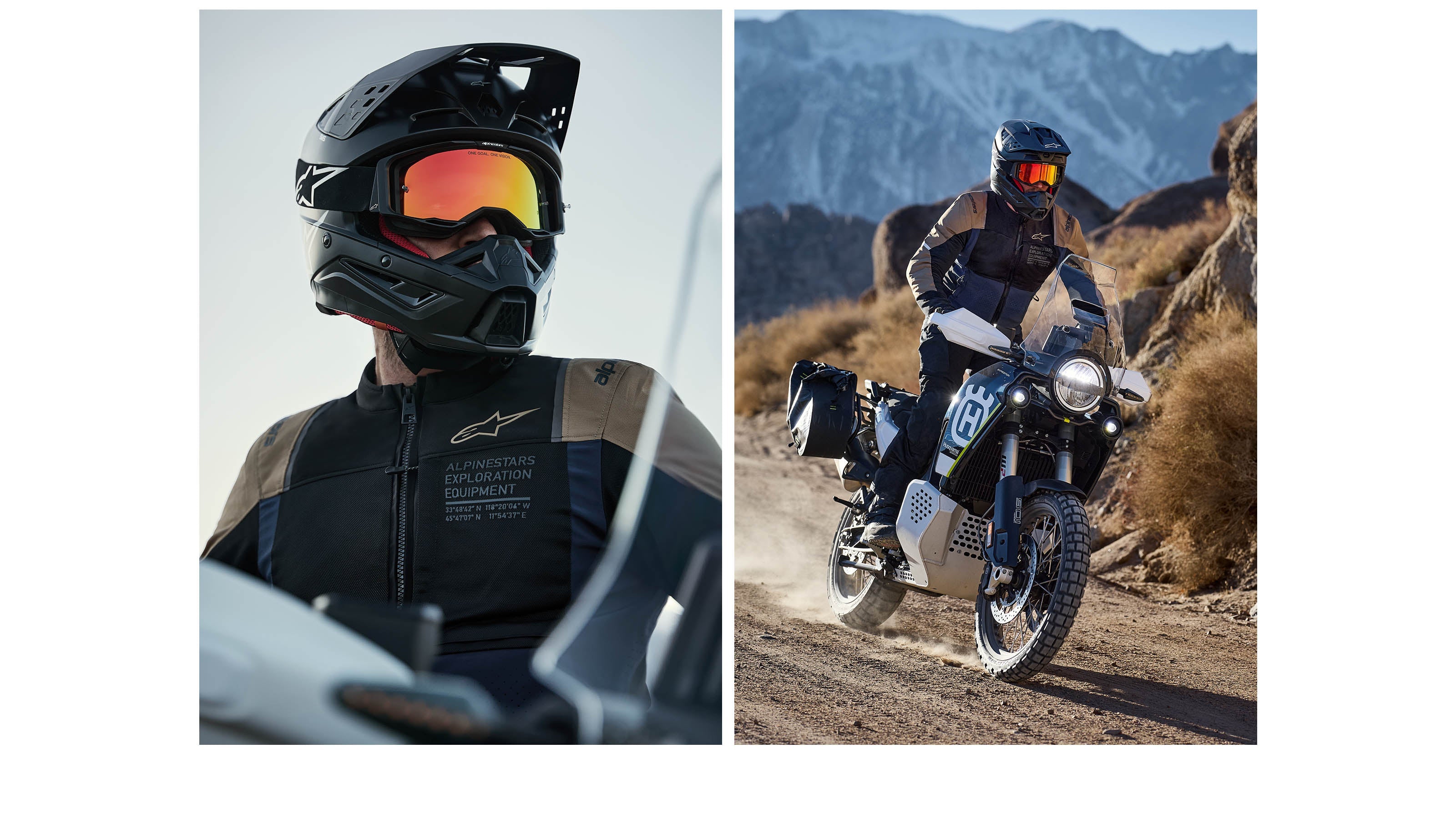 Alpinestars ST-2 Air Jacket, black and brown adventure motorcycle gear worn by a rider touring through a desert landscape.
