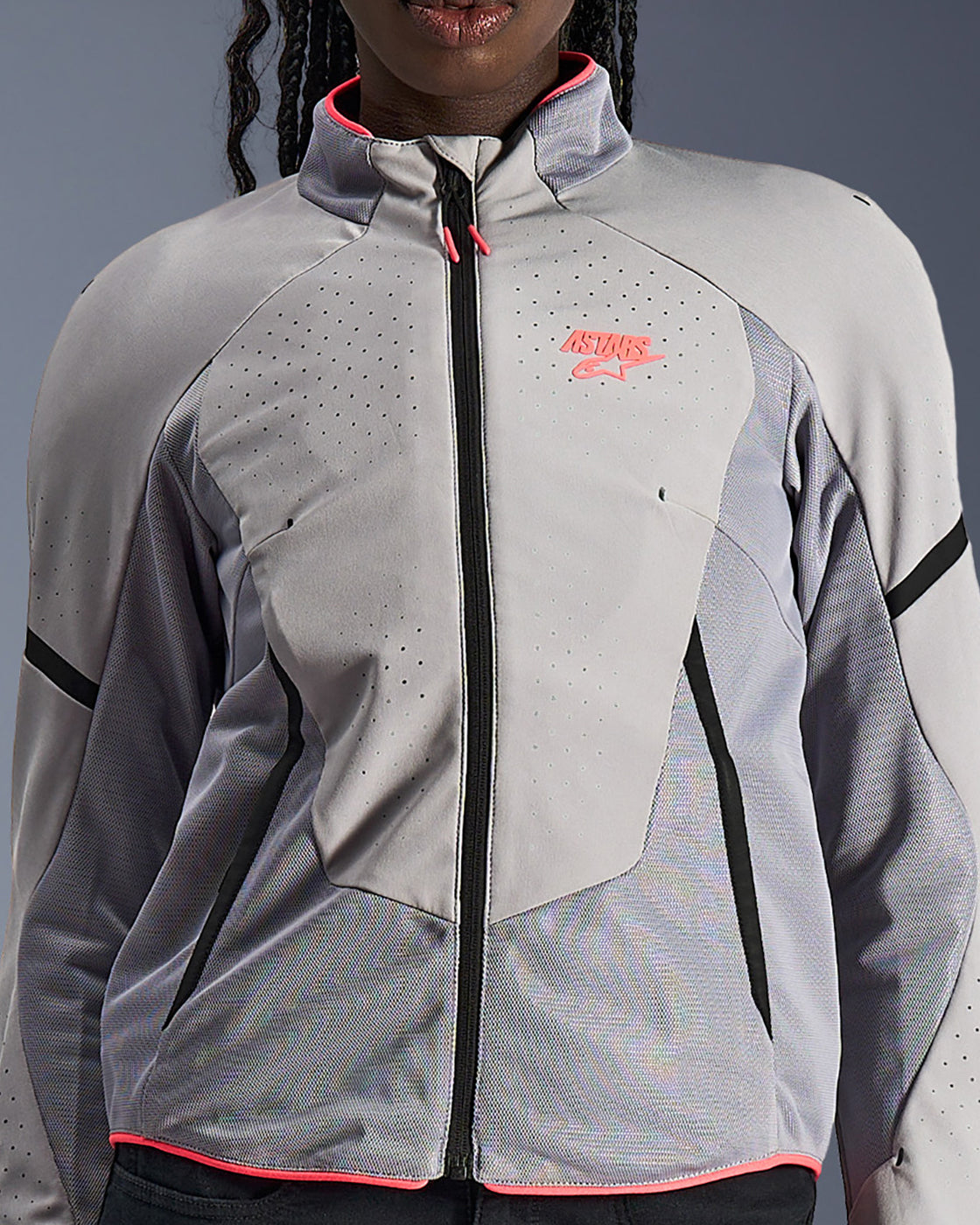 Gray Alpinestars Stella Aeroshell Airflow Jacket for women with laser-perforated mesh panels and pink logo accents.
