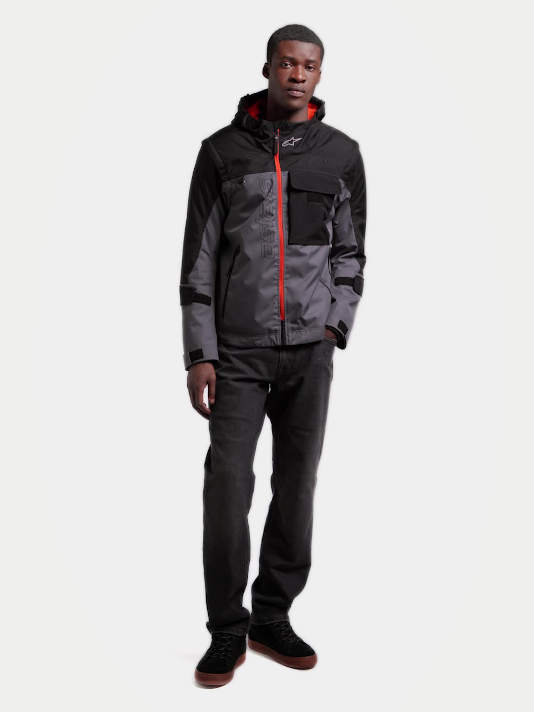 Alpinestars Morfex Parka Waterproof Jacket, men's urban contemporary motorcycle jacket in lunar gray and black, showing modular textile construction with removable sleeves, integrated hood, and Nucleon Flex Pro shoulder armor
