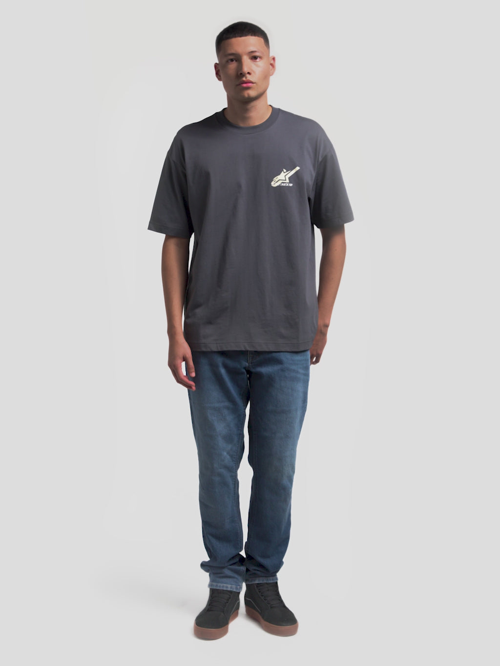 Alpinestars Ghost Oversized CSF Tee, Men's Casual Short Sleeve Sportswear T-Shirt, Charcoal Gray, featuring front and back logo graphics with 'Racing Ahead' text, oversized fit, soft cotton-polyester fabric.