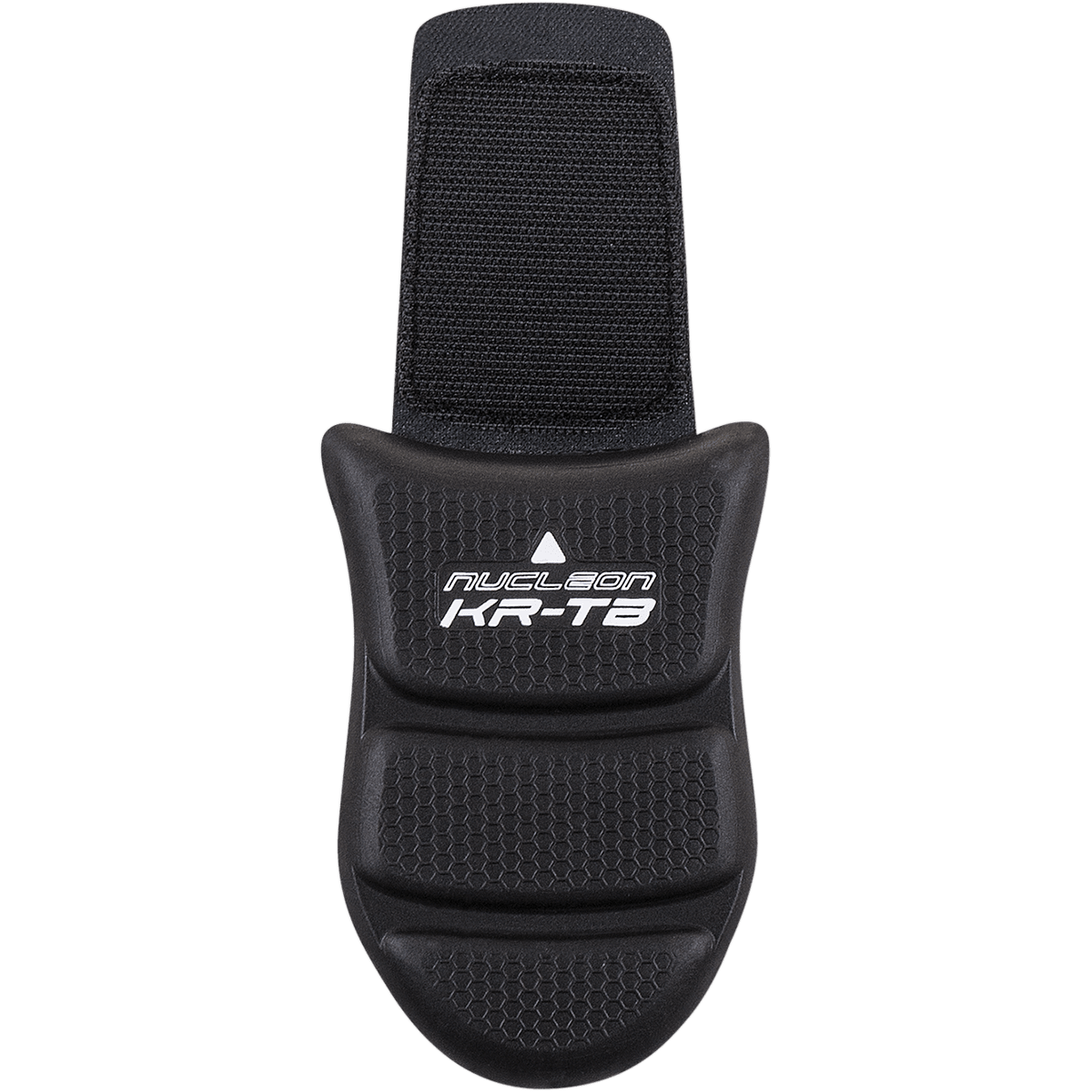 Alpinestars Nucleon KR-TB Tailbone Protector, Black, motorcycle protective gear featuring hexagonal textured surface, three-section contoured design with white logo, adjustable attachment strap for coccyx coverage