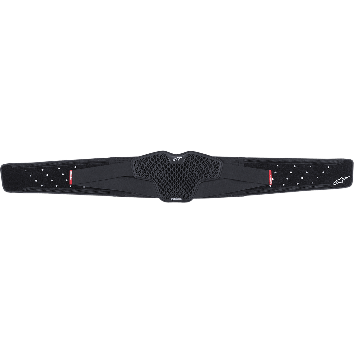 Alpinestars Sequence Kidney Belt, Black, motorcycle kidney belt featuring a central hexagonal TPR cell structure, perforated straps with small red details and white logo, ergonomic lumbar support for off-road and motocross racing