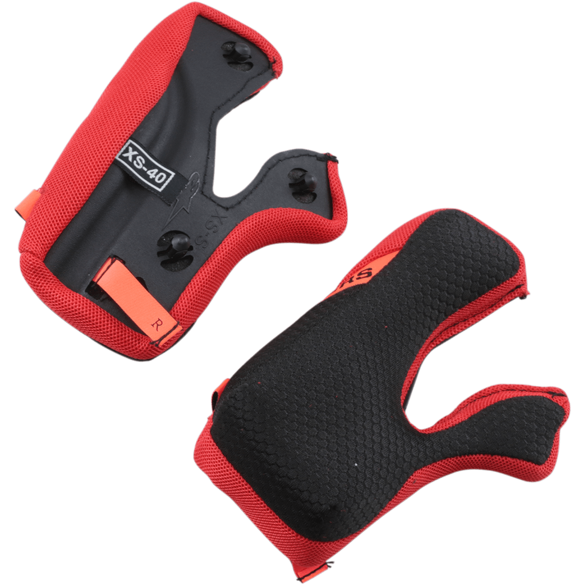Alpinestars Supertech M10/M8 Cheek Pads +5mm, Motorcycle Helmet Replacement Padding, Red and Black, featuring a honeycomb textured interior surface and black backing with orange emergency pull tabs, XS-40 size marking