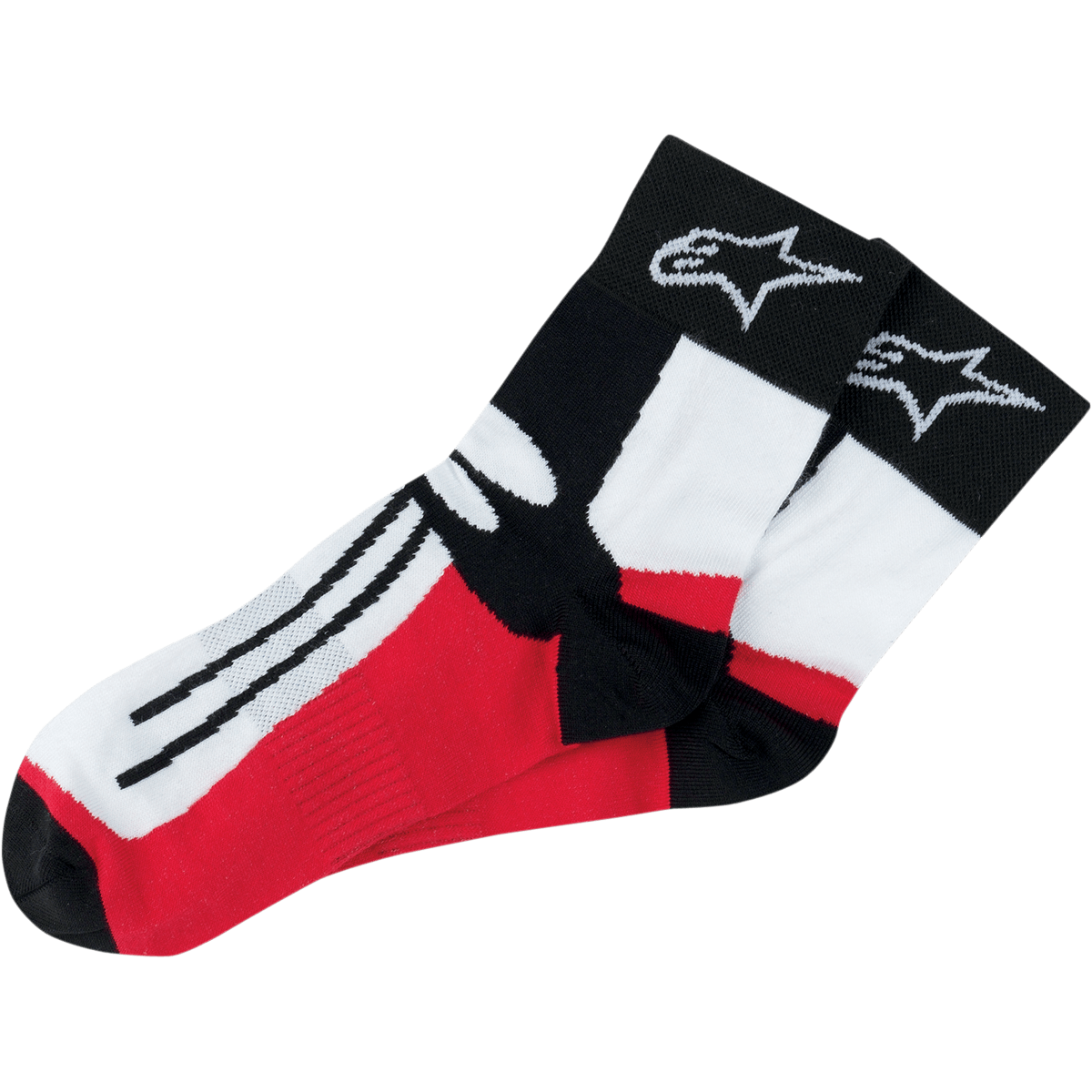 Alpinestars Road Racing Socks Over-Ankle, Motorcycle Racing Socks, Black White and Red, featuring white star logo on the black cuff, black stripes on white foot section, red panels, athletic performance design for motorsports